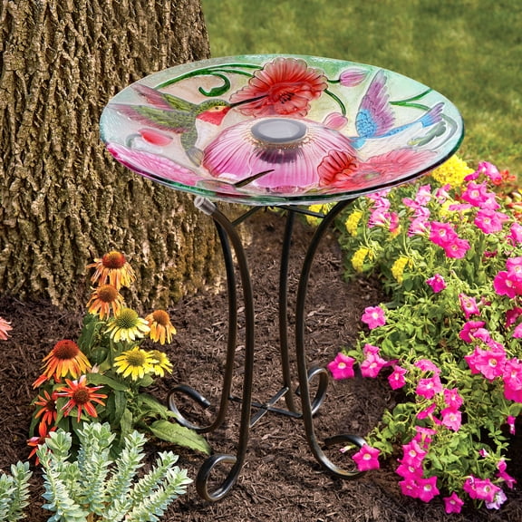 SOLAR LED FLORAL GLASS BIRD BATH WITH STAND - HUMMINGBIRD & POPPIES