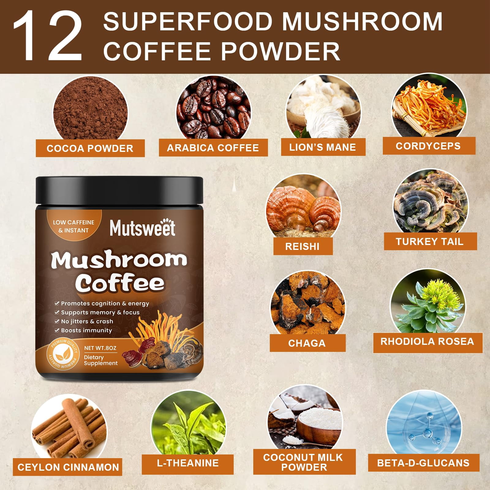 Mushroom Coffee for Smoothies/Latte, Mushroom Powder Blend - Mushroom Supplement for Energy, Focus, Immune Support - 16oz