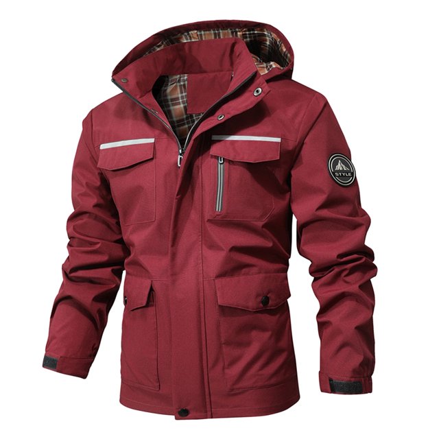 PEASKJP Men's Cotton Lightweight Multi Pockets Zip Front Stand Collar Military Jackets Windbreaker(Red,XXXXL)