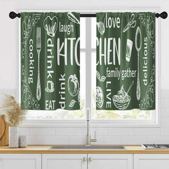 Olive Green Kitchen Curtains 36 Inch Length Modern Window Short Tier Curtains Over Sink Set of 2, White Doodle Abstract Art Small Kitchen Decor