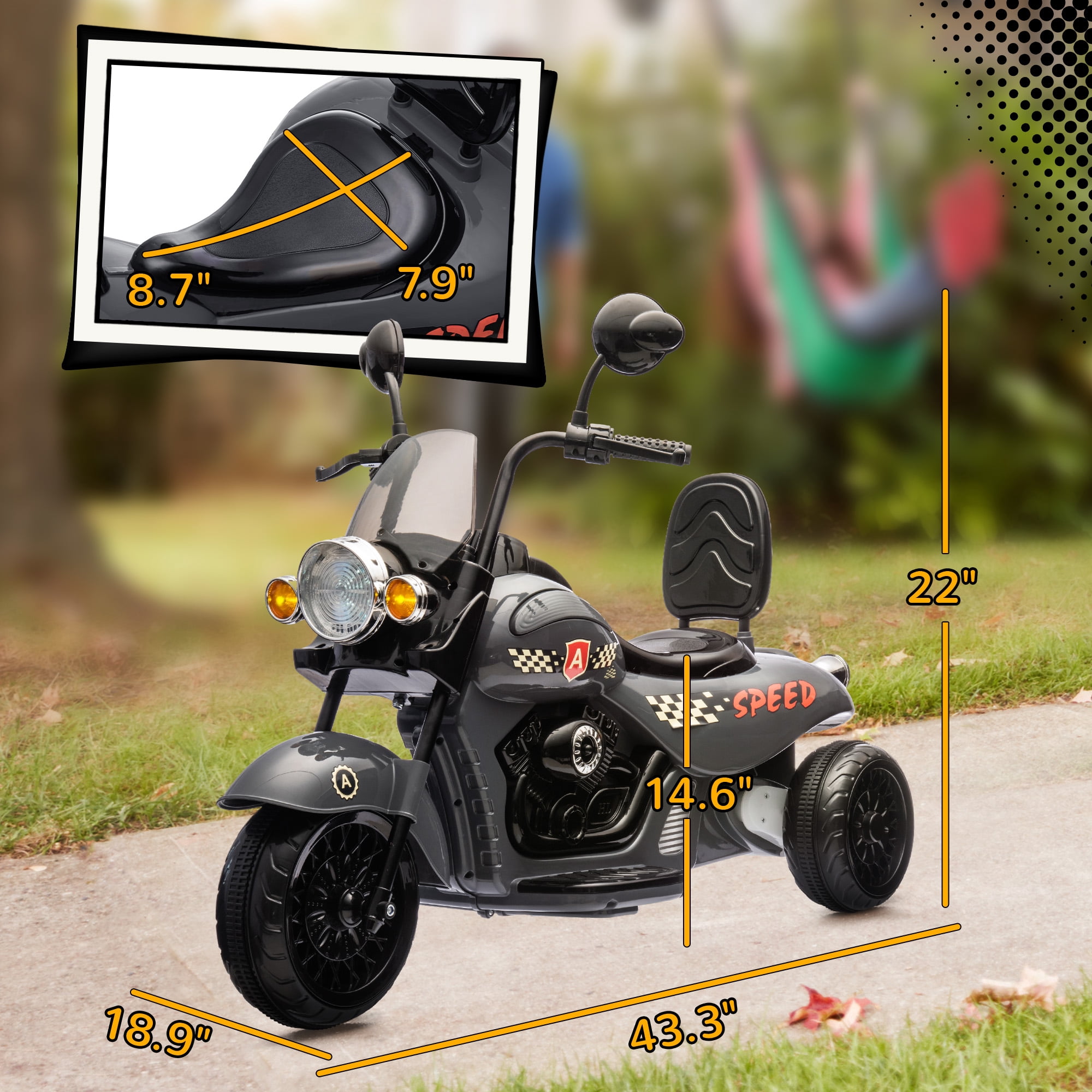 Qaba Electric Motorcycle for Kids, 3 Wheel 6V Battery Powered Motorbike w/ Headlights, Music, Forward & Reverse, Gray