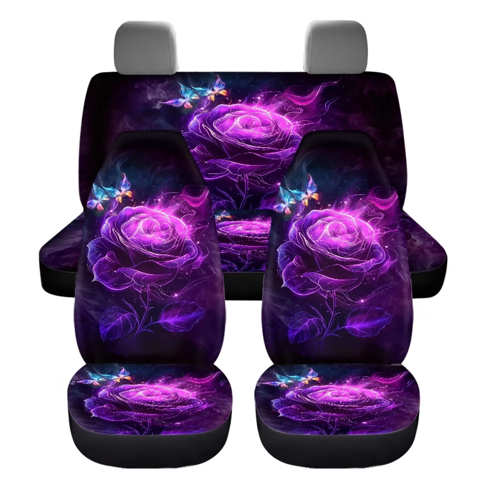 Pzuqiu Purple Rose Butterfly Full Set Universal Seat Covers for Cars Breathable Car Seat Cushion Easy to Install Front and Rear Split Bench Seat Covers Universal Fit Cars Sedans Trucks, Purple