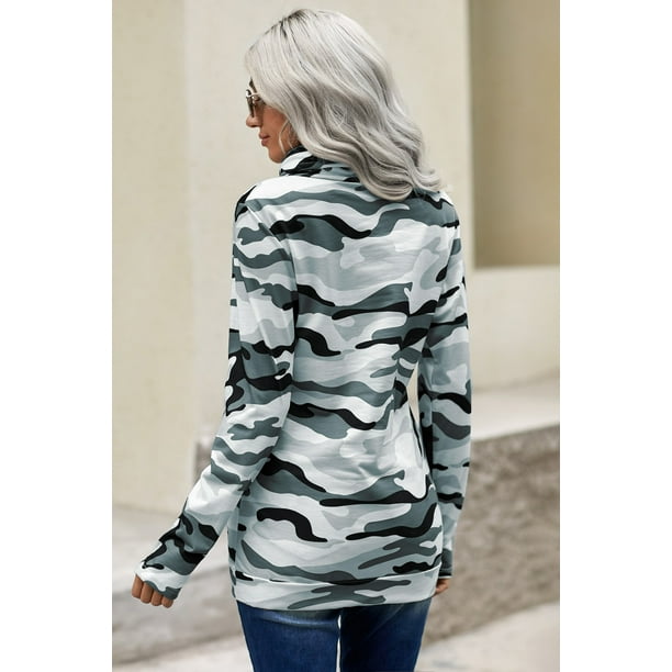 ABPHQTO Sudadera de cuello vuelto de camuflaje blanca para mujer