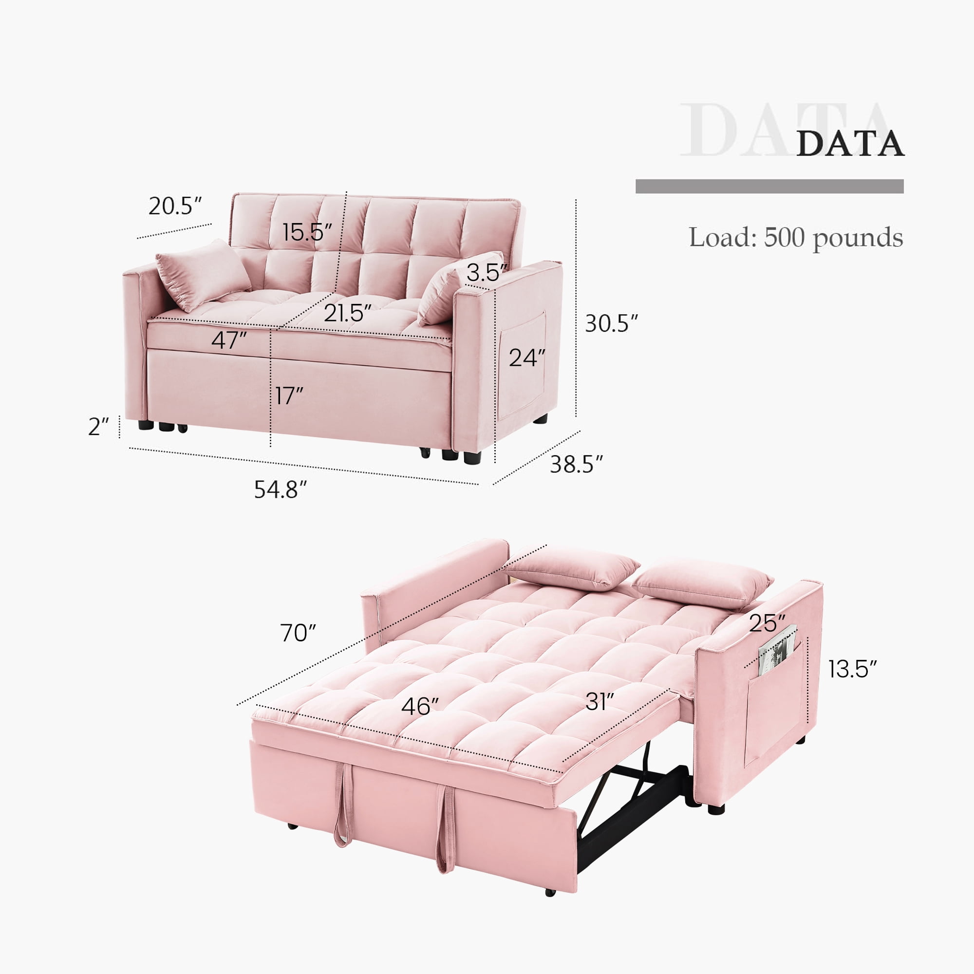 DEALTOPS Convertible Loveseat 55" 3-in-1 Multi-Functional Pull-Out Bed, Pink Velvet