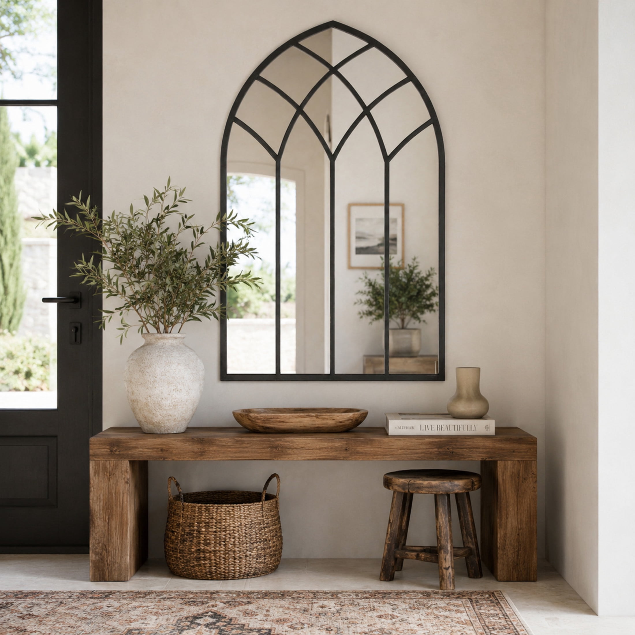 DecMode 30" x 48" Black Arched Window Pane Wall Mirror