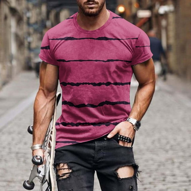 Qertyioot Chemises Hawaïennes pour Hommes en Solde, Col Rond Rayé Imprimé Pull Entraînement Physique Manches Courtes