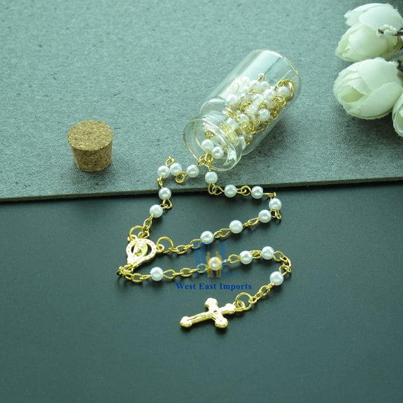 12 PCS First Holy Communion Favor Rosary in Glass jar Bottle White Pearl Beads Gold Chain Catholic Crucifix Necklace Baprtism, Memorial Favor Recuerdos para Primera Comunion