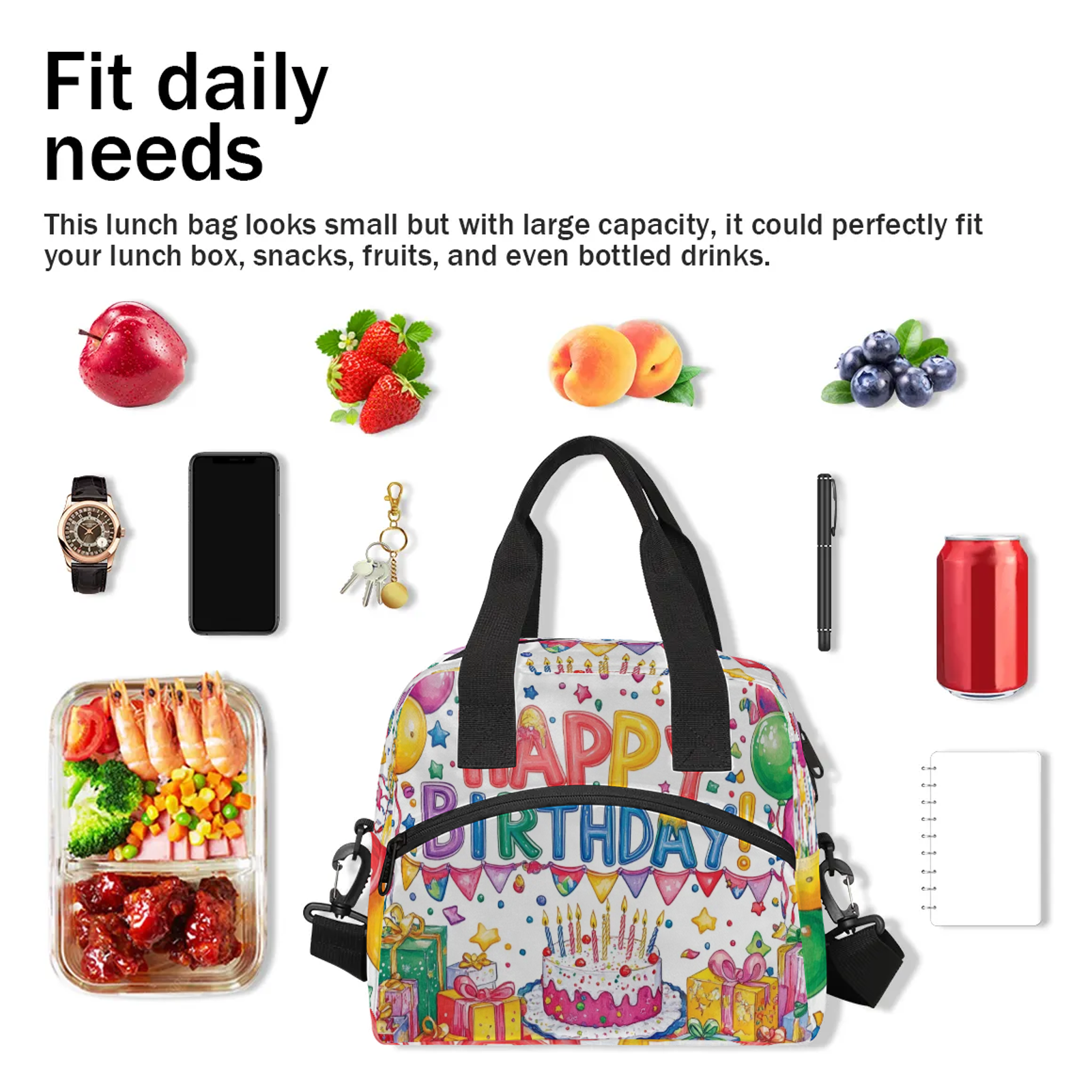 Herdesigns Happy Birthday Lunch Bag for Men Women Adults Colorful Balloons Insulated Lunch Box Leakproof Cooler Tote Bag Organizer with Adjustable Shoulder Strap