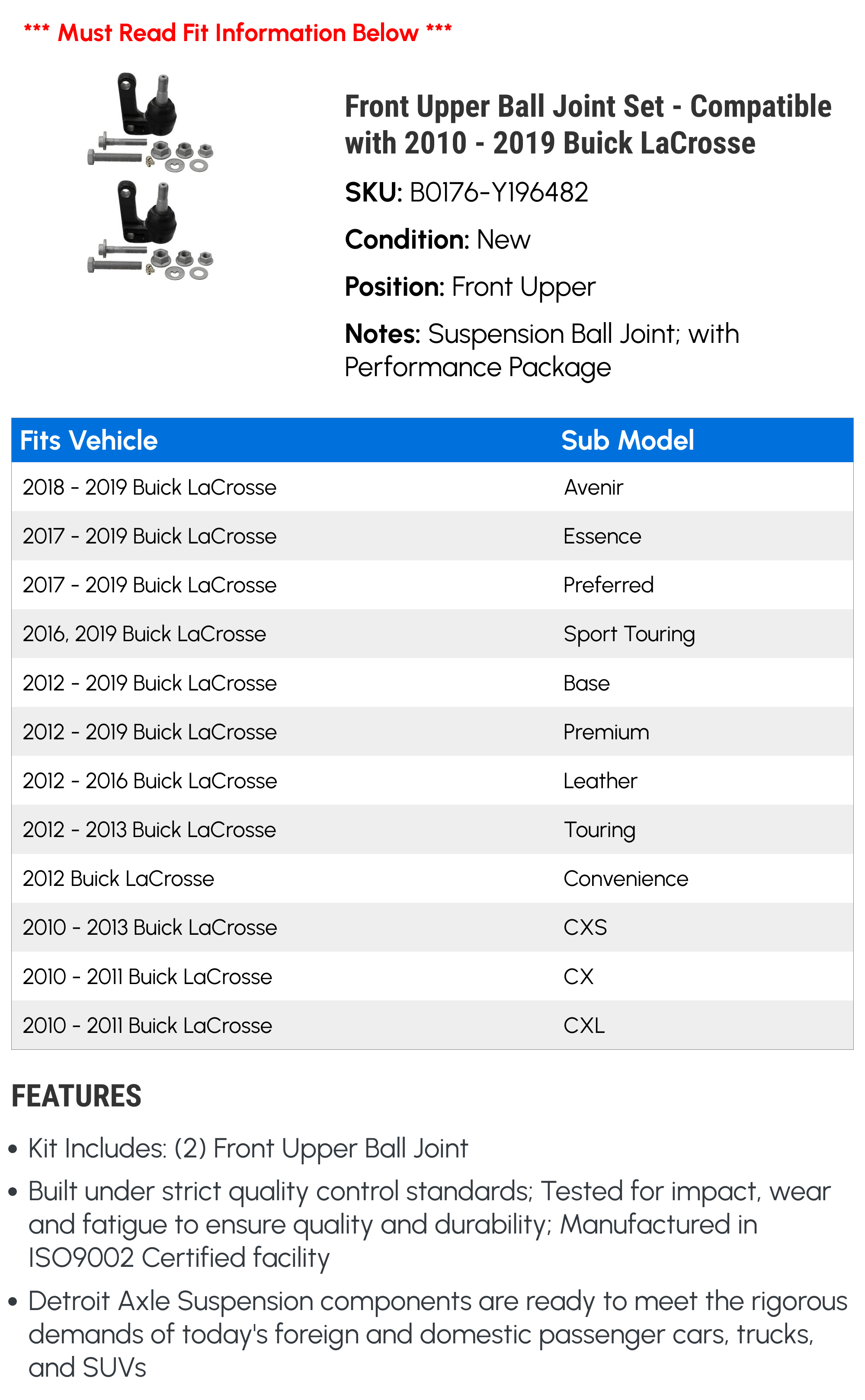 Front Upper Ball Joint Set - Compatible with 2010 - 2019 Buick LaCrosse 2011 2012 2013 2014 2015 2016 2017 2018