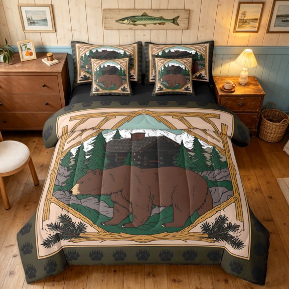 Manfei Vintage Bear Twin Bedding, Cartoon Rustic Animal Bedding Comforter Set, Brown Green, Black Reversible, 7pcs