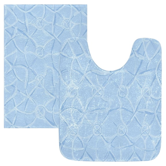 2 Piece Soft Bathroom Rug Set Light Blue Geometric Pattern Bath Mat and U-Shaped Toilet Contour Rug (16"x24" 20"x24")