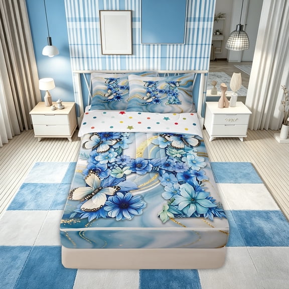 Feelyou Blue Floral Butterfly Alphabet Zipper Twin Comforter Sets with Fitted Sheet and 2 Pillowcases for Women Girls, Watercolor Marble Monogram Zipper Bedding Set, Polkadot Reversible, 4 Pieces