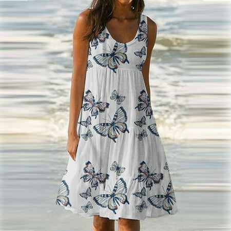 jovat Womens Fashion Holiday Summer Print Round Neck Sleeveless