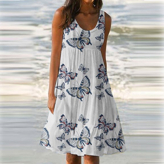 Viikei Summer Dresses for Women 2023 Plus Dresses for Women Plus Size Women Dress Clearance Sale Plus Dresses for Women 2023 Fashion Holiday Summer Print Round Neck Party Beach Dress