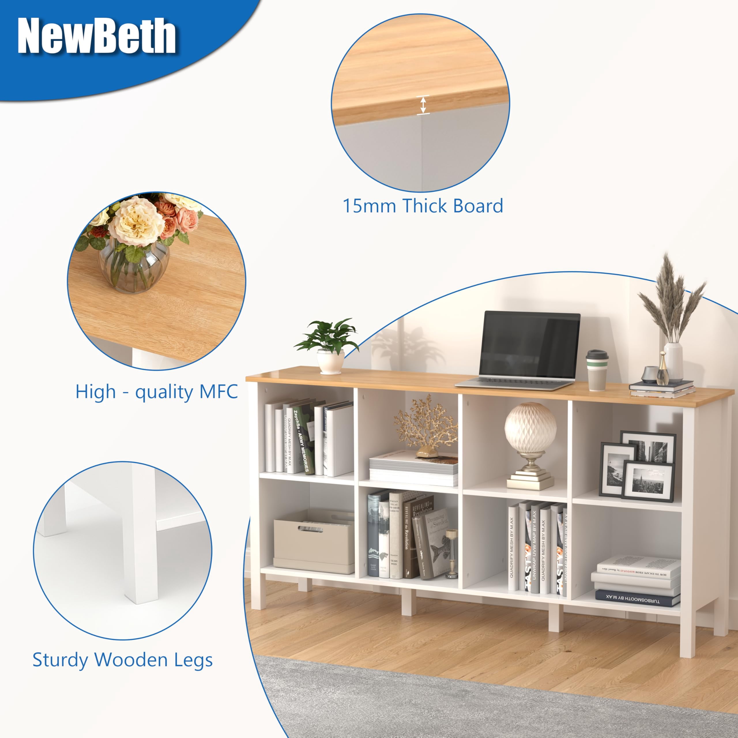 NEWADARA 8-Cube Bookcase, Farmhouse Wooden Bookshelf Low Storage Organizer, 59" Horizontal White Console with Legs, Hallway Book Case for Entryway, Display Cabinet for Living Room (White, 8-Cube)