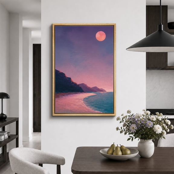 Framed Canvas Print Pink Coastal Sunset Wall Art Ocean Decorative for Living Room Bedroom - 16"x24" NATURAL Frame