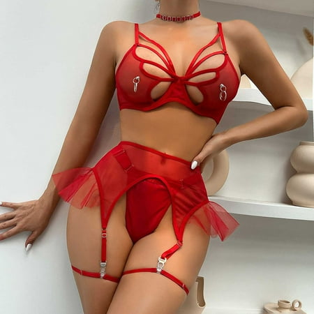 

Giligiliso Clearance Bralette Plus Size Bras Sports Hollow Out Funny Underwear with Chest Ring Mesh Perspective Leather Four Piece Funny Set