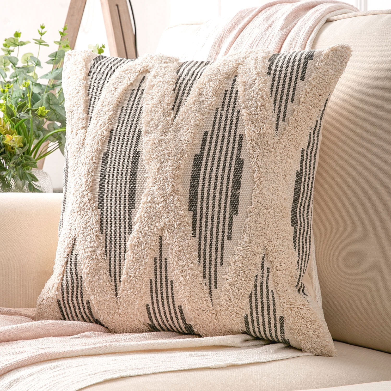 Phantoscope Decorative Throw Pillow Set, Soft Corduroy Striped Velvet & Boho Woven Cross Tufted Series Cushion Bundles, for Sofa Couch Bedroom, Black & Gray & Beige, 18" x 18"