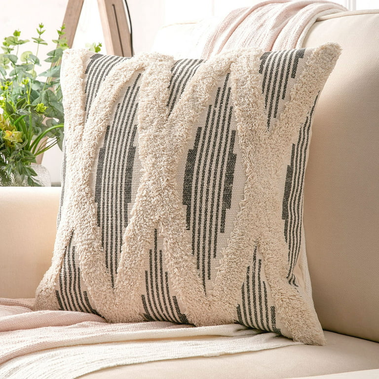 Decorative Throw Pillows Set of 4, Soft Corduroy Striped Velvet & Boho  Woven Cross Tufted Series Cushion Bundles, for Sofa Couch Bedroom, Black &  Gray & Beige, 18 x 18 Inch 