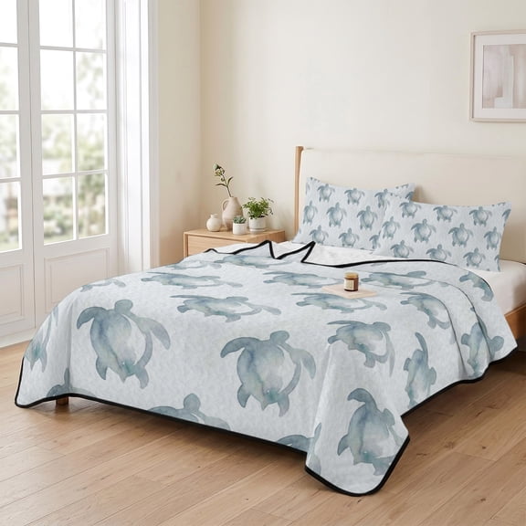 3 Piece Summer Bed Quilt Set Queen Size,Ocean Sea TurtleSeamless Lightweight Bedspread Coverlet with 2 Pillowcases Watercolor Marine Creature Soft Comforter Bedding Quilts for All Season