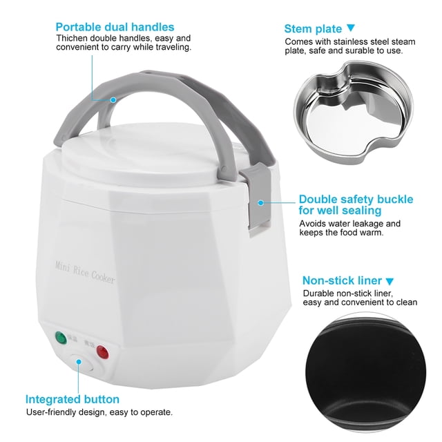 Mini Rice Cooker, 1.6L Portable Electric Rice Cooking Small Travel Tool Personal Food Steamer Nonstick Pot for Truck Brown White Rice Soup Keep Warm Car Use for 1 2 People Use