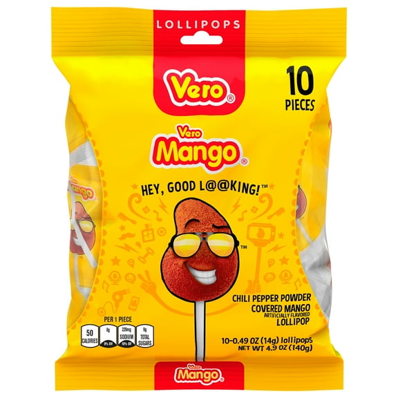 Vero Mango Candy Lollipops with Chili Pepper Powder, 10 Count Bag