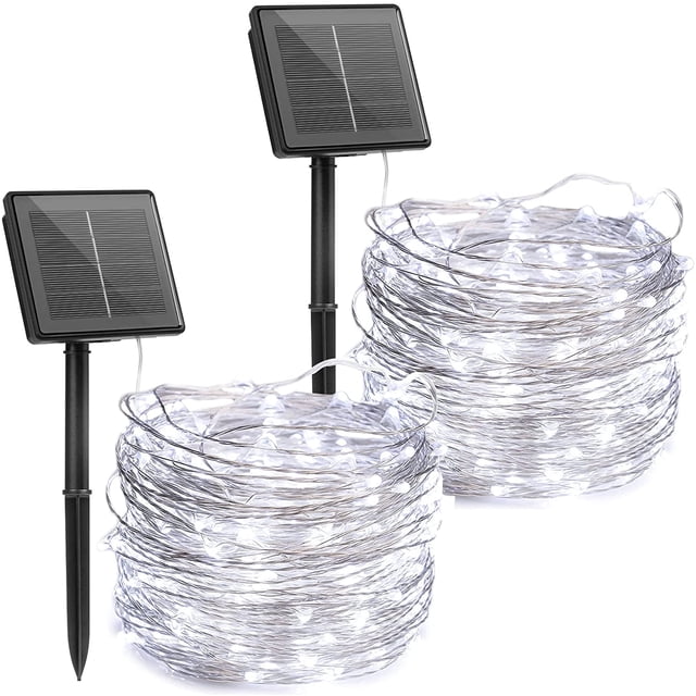 Brightown Guirnaldas de luces solares, 2 paquetes cada uno, 230 luces LED solares de 75 pies con 8 modos, luces solares impermeables para exteriores, patio, árbol, boda, Navidad (blanco cálido)
