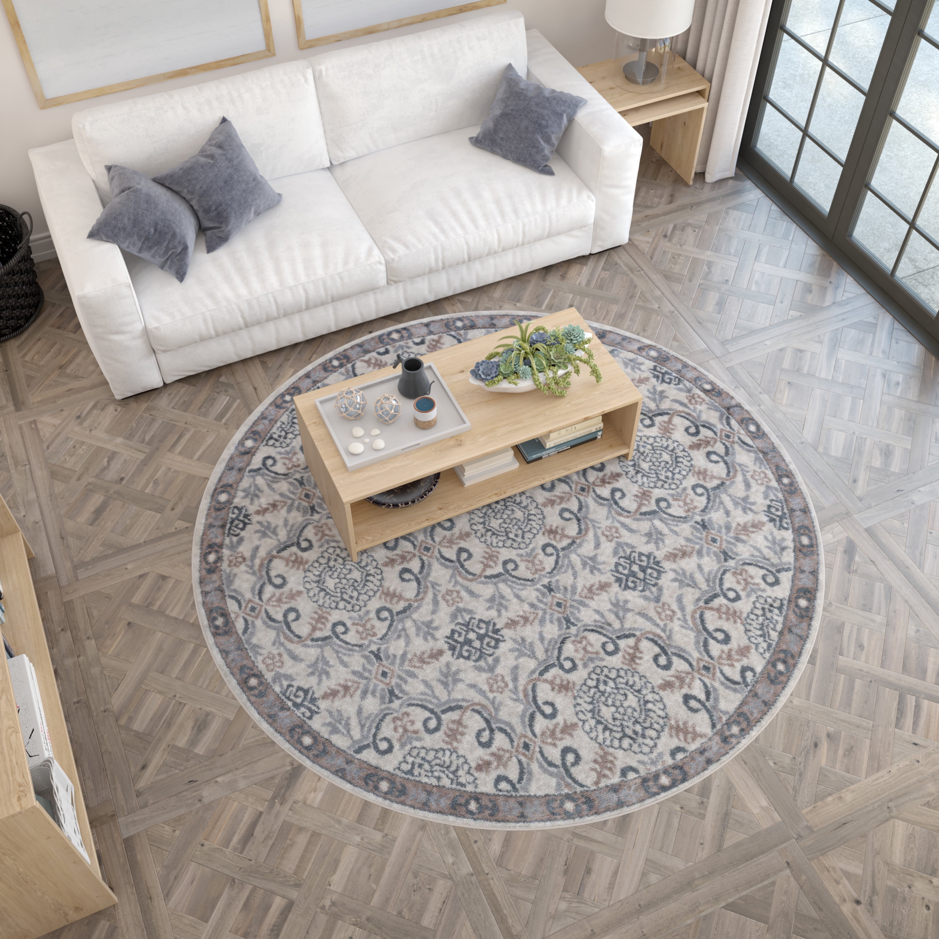 Bliss Rug Floral Traditional Damask Round Rug for Living Room, Dining Room | Cream, 5'3''Round