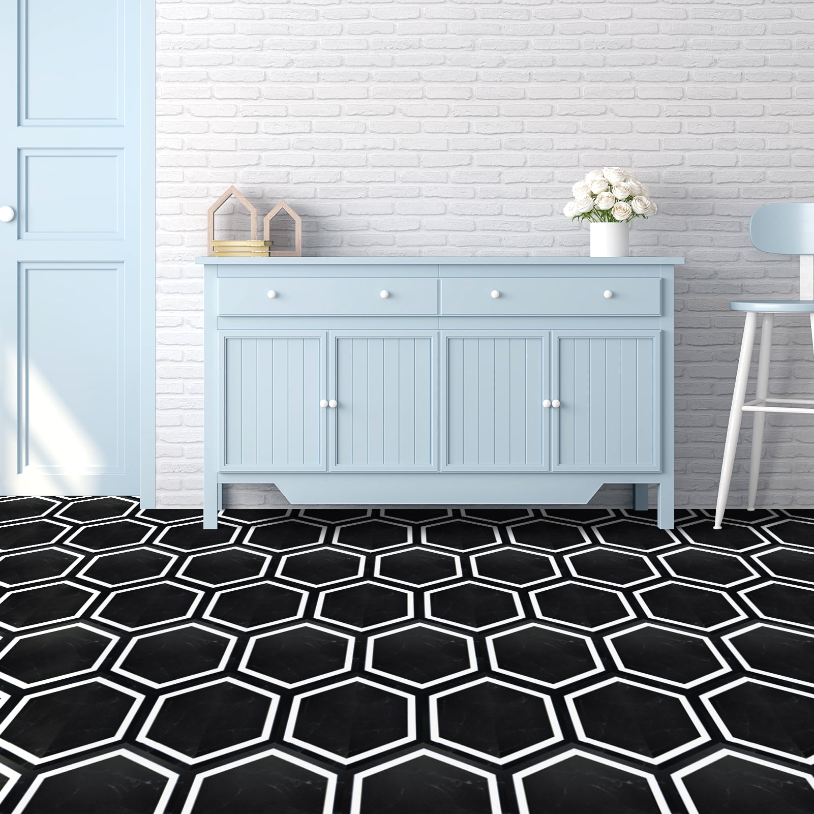 Art3d 30-Pack 11.8" x 10.2" Black Marble Hexagon Peel and Stick Flooring Tile, Self Adhesive Waterproof Vinyl Floor Tile