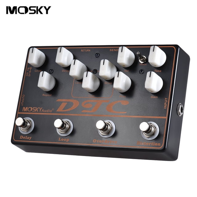 MOSKY DTC Pédale d'Effets de Guitare Électrique 4-en-1 Distorsion + Surmultiplication + Boucle + Délai