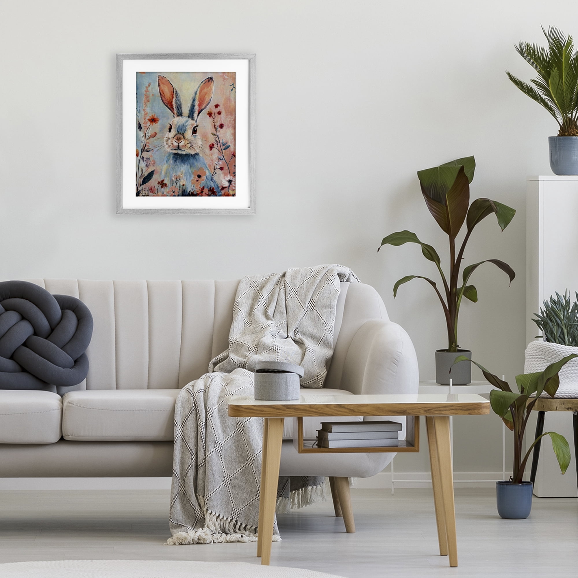 Stupell Industries Blue Rabbit & Wildflowers Gray Framed Print Under Glass, design by Sara Culpepper