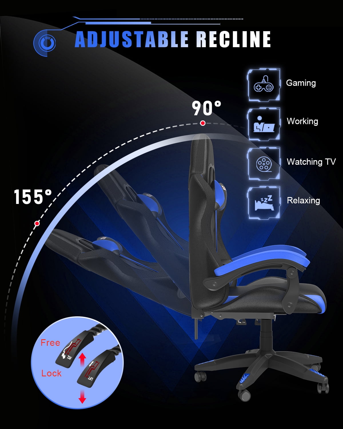 Bigzzia Gaming Chair with LED Lights, Computer Chair with Lumbar Support, Ergonomic High Back Video Game Chair with Swivel Seat and Headrest, Blue