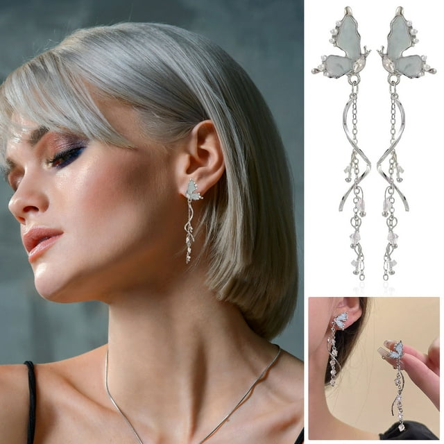 Pendientes colgantes con clip para la oreja, con borlas y temperamento para mujer, con forma de perla, color crema y mariposa azul, con colgante súper inmortal y borlas, hermosos pendientes.