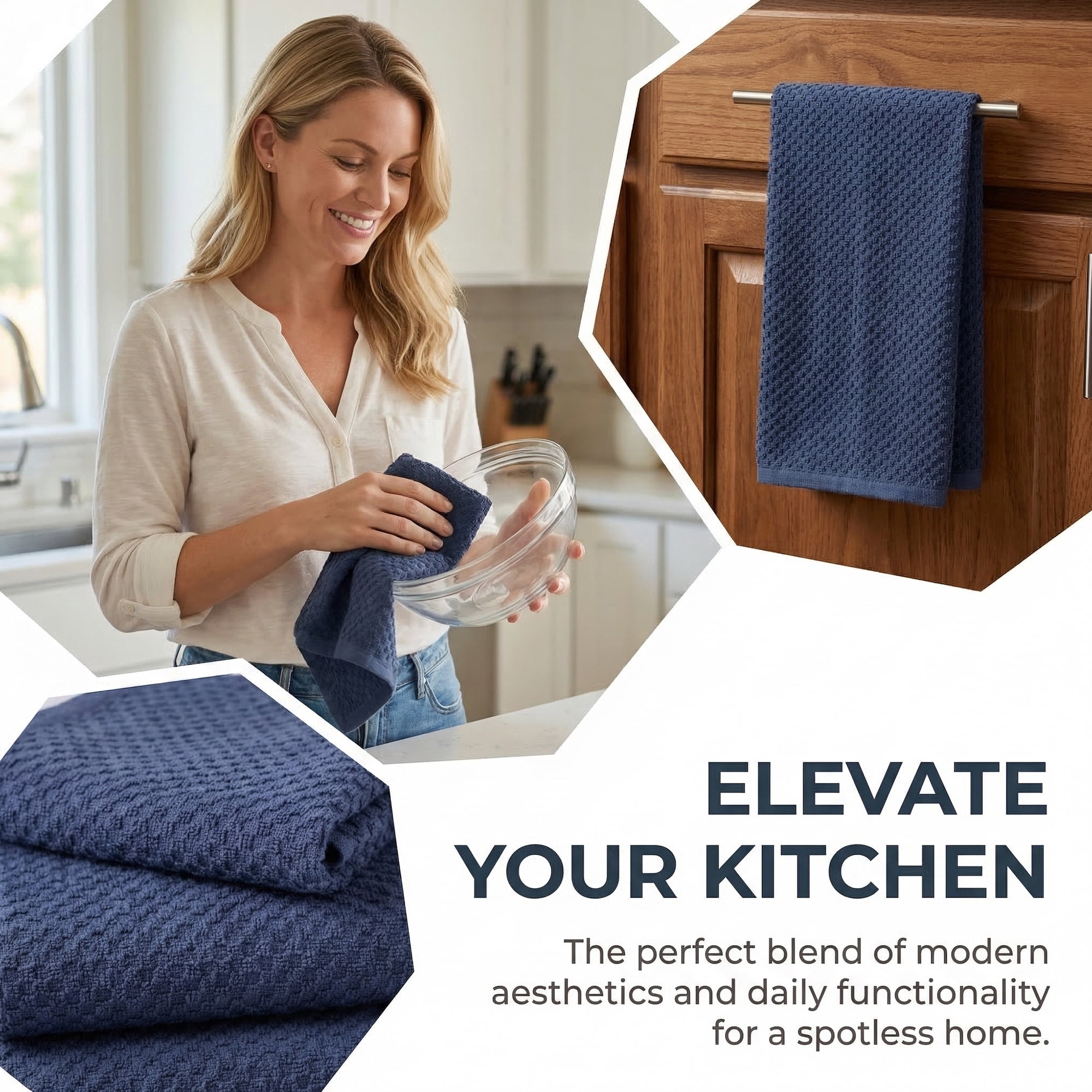 Unique Bargains 2Pcs 100% Pure Cotton Solid Soft Absorbent Kitchen Towels Blue 25" x 15"