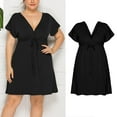 thumbnail image 2 of Ruyang Women Solid Color Dress Casual Short Sleeve V Neck High Waist Beach Mini Dresses With Belt Dress Formal Dresses for Women plus, 2 of 5