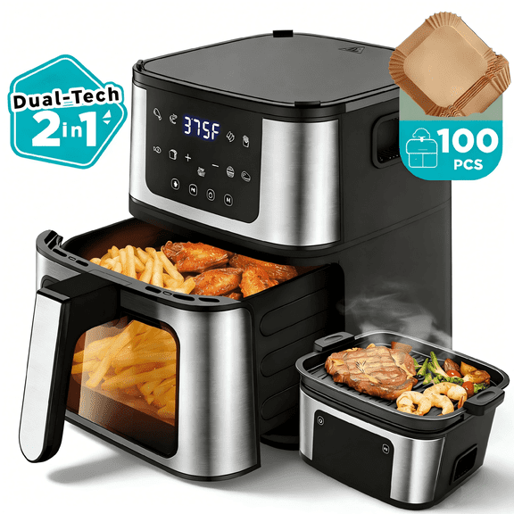 8-in-1 Air Fryer  Grill Plate 7.5 Qt, Premium Ceramic Coating, 160°–400°F, Precise Heating for Even Results, Air Fry, Roast, Bake, Broil, Dry, Frozen, Reheat, Keep Warm, 120V, Black