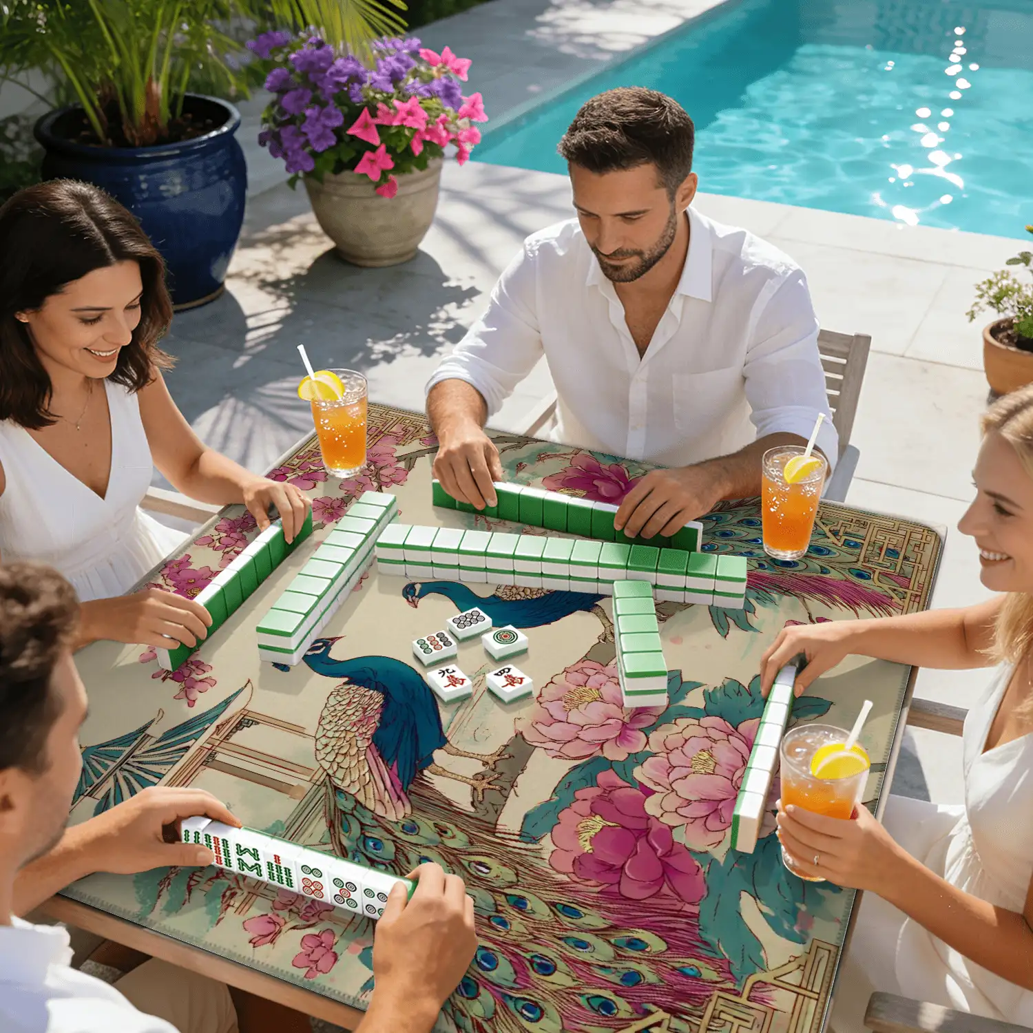 Mahjong Mat 31.5" x 31.5" Peacock Blossoming Flowers Traditional Chinese Landscape Non-Slip Noise Reduction American Mahjong Tiles Table Cover for Dominoes Poker Card Board Games Gift