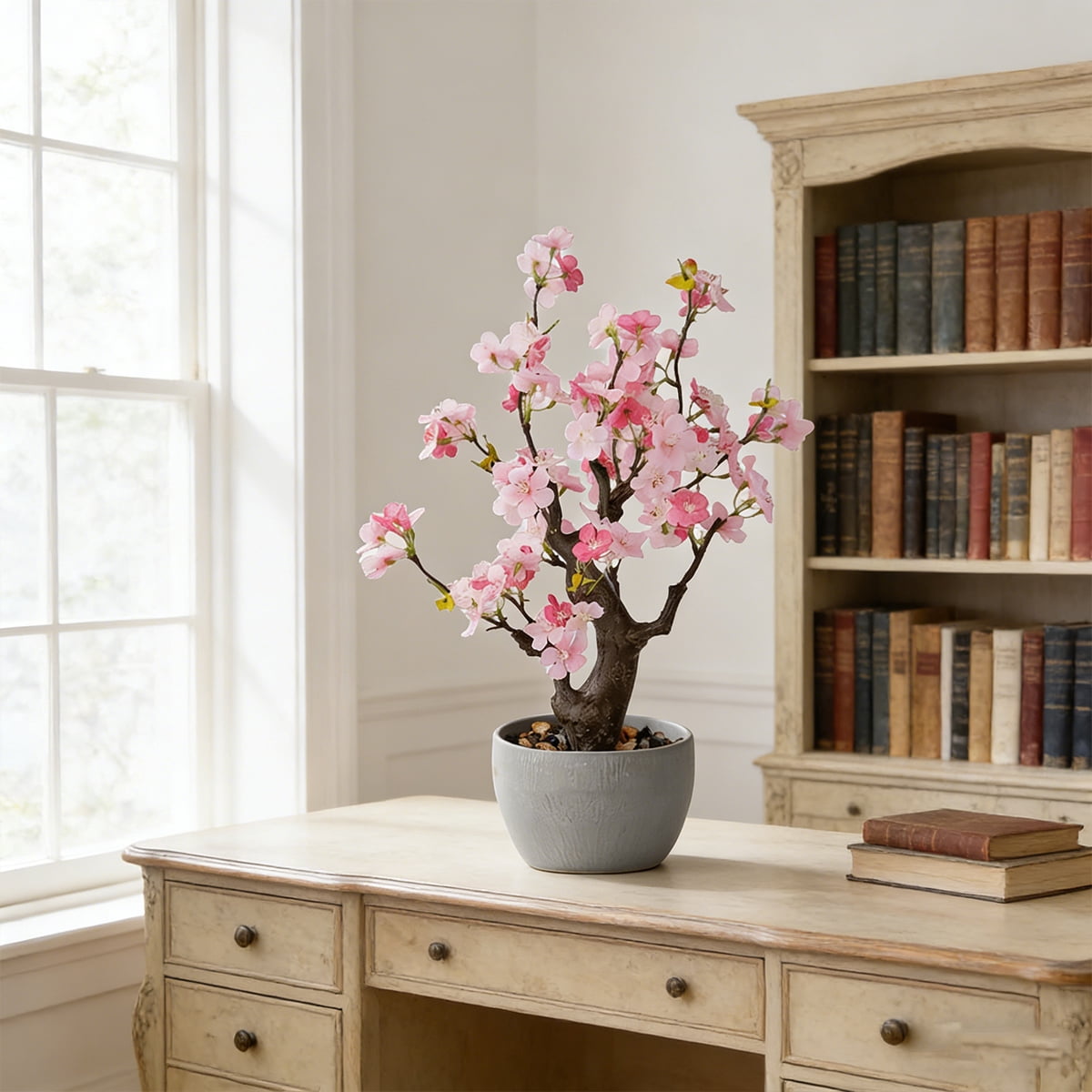 TOARTi Artificial Cherry Blossom Tree Light Pink Faux Flowers with Natural Trunk in Plastic Planter Indoor Tabletop Decor for Home Office Living Room 1.5 Feet