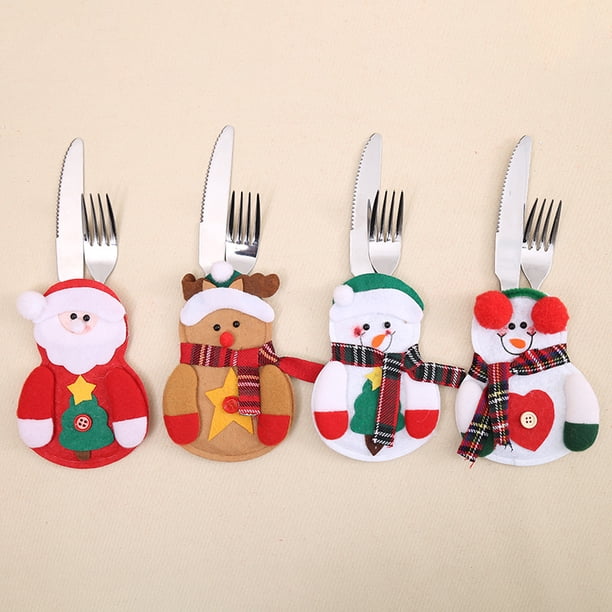 Soporte para cubiertos de 4 piezas, cuchillos, tenedores, cuchara, bolsa de vajilla, decoración de mesa de disfraces de Navidad, muñeco de nieve de Santa Elk