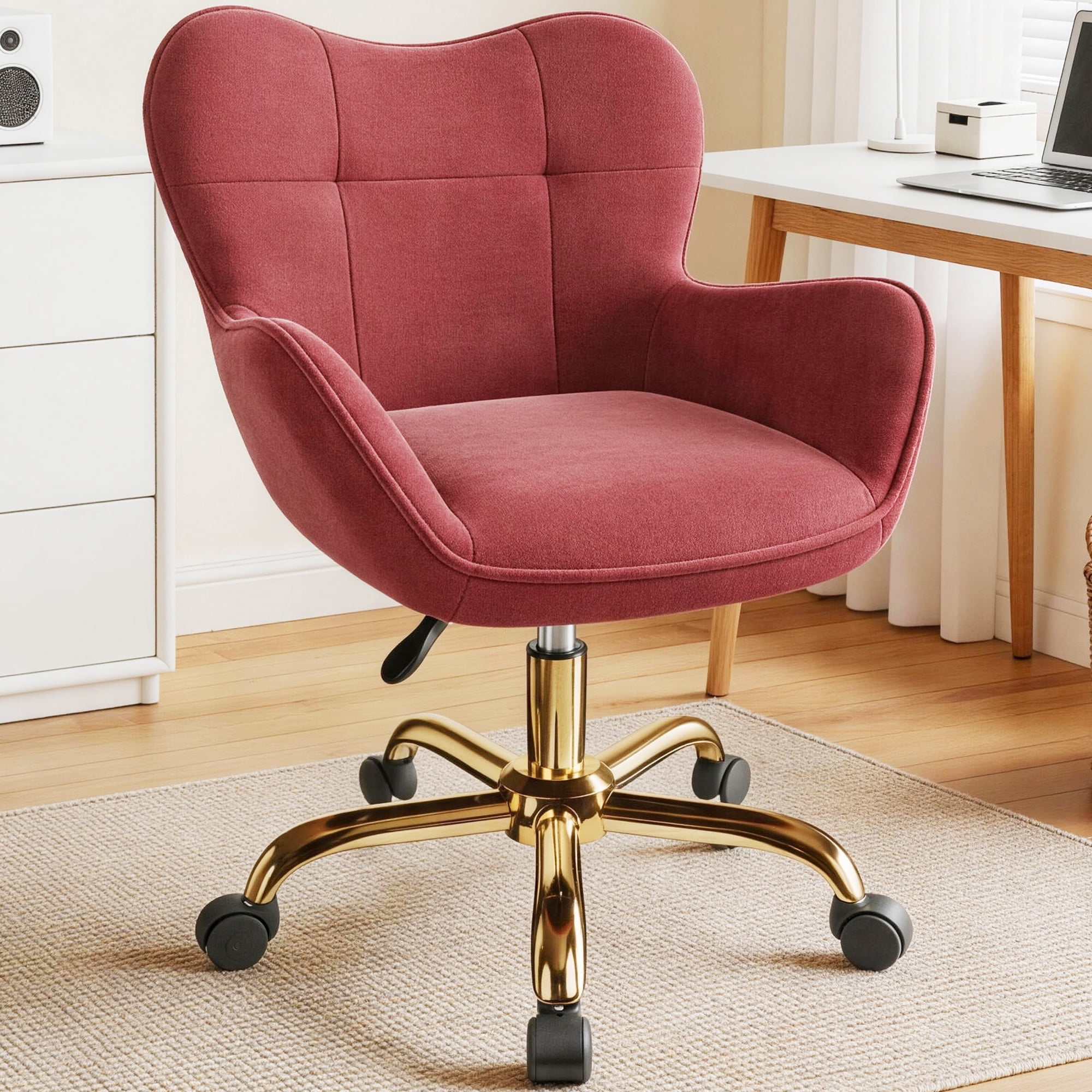 COOHUT Velvet Vanity Chair, Mackup Chair with Wheels, Comfy Swivel Modern Leisure Armchair for Girls Women, Small Office Chair Height Adjustable for Living Room, Bedroom, Offic, Rose Red