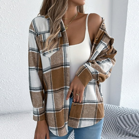 Ailaofu Womens Casual Plaid Flannel Shirts Jackets Long Sleeve Lapel Button Down Fuzzy Shacket Jacket