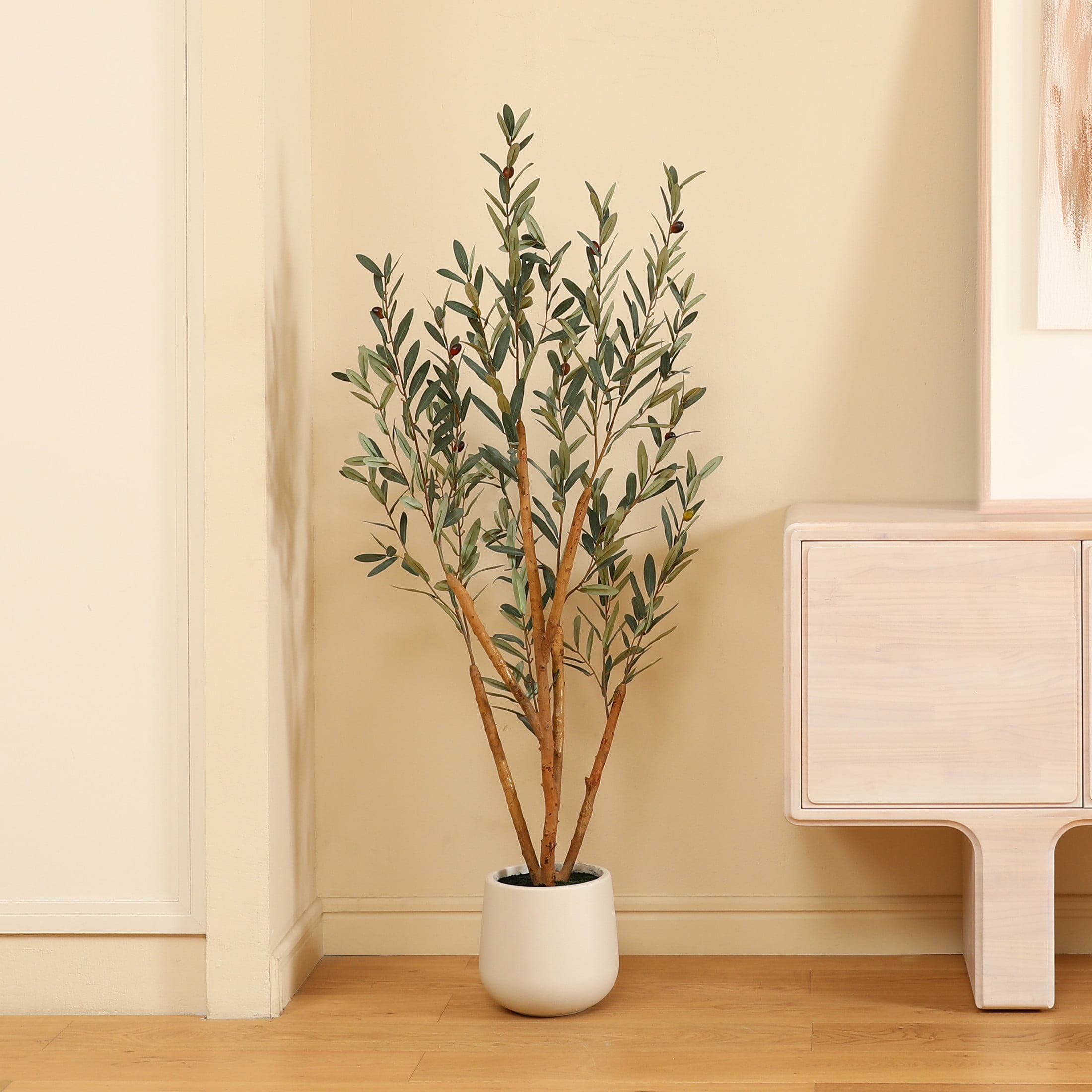 5ft Fake Olive Tree with Oval White Planter, Artificial Olive Plants with Realistic Leaves and Natural Trunk, Big Fake Plants for Home Decor