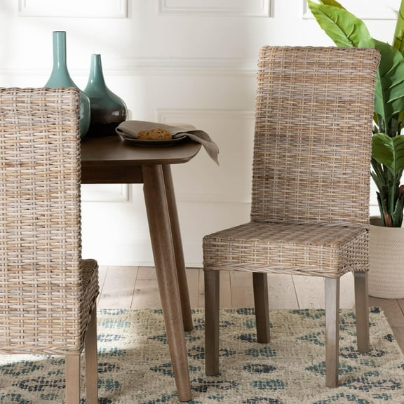 bali & pari Santiago Boho Dining Chair, Handwoven Natural Kubu Rattan, Grey