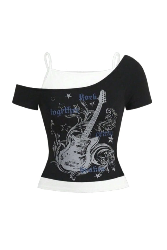 Emo Grunge Shirts Women 2000s Graphic Tees 2-in-1 Short Sleeve Retro Crop Top Goth Alt Clothes Black XL