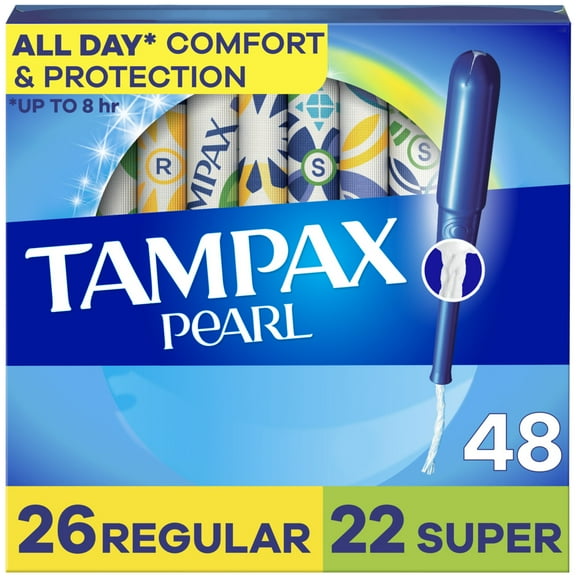 Tampax Pearl Tampons Multipack, with LeakGuard Braid, Regular/Super Absorbency, Unscented, 48 Count