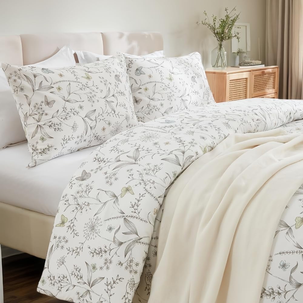 JOLUSERE 100% Cotton Duvet Cover White Floral Duvet Cover Set with Colorful Butterfly Pattern Queen Size,Pearl White