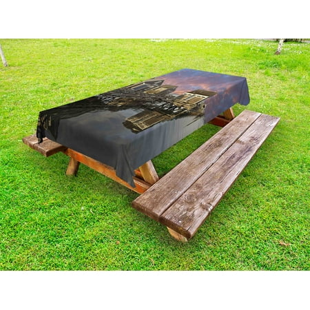 Nantucket Kitchen Table United States Outdoor Tablecloth, Sunset over Nantucket Massachusetts Dramatic Sky Clouds Pond Houses, Decorative Washable Fabric Picnic Tablecloth, 58 X 120 Inches, Coral Blue Sepia, by Ambesonne ()