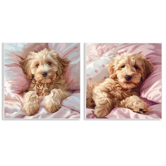 Stupell Industries Cuddling Labradoodle in Bed Animals Painting Unframed Art Print Wall Art, 12 x 12, Set of 2