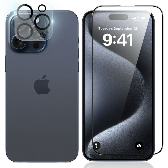 Innens Screen and Camera Lens Protector Tempered Glass Film for iPhone 15 Pro Max, Clear