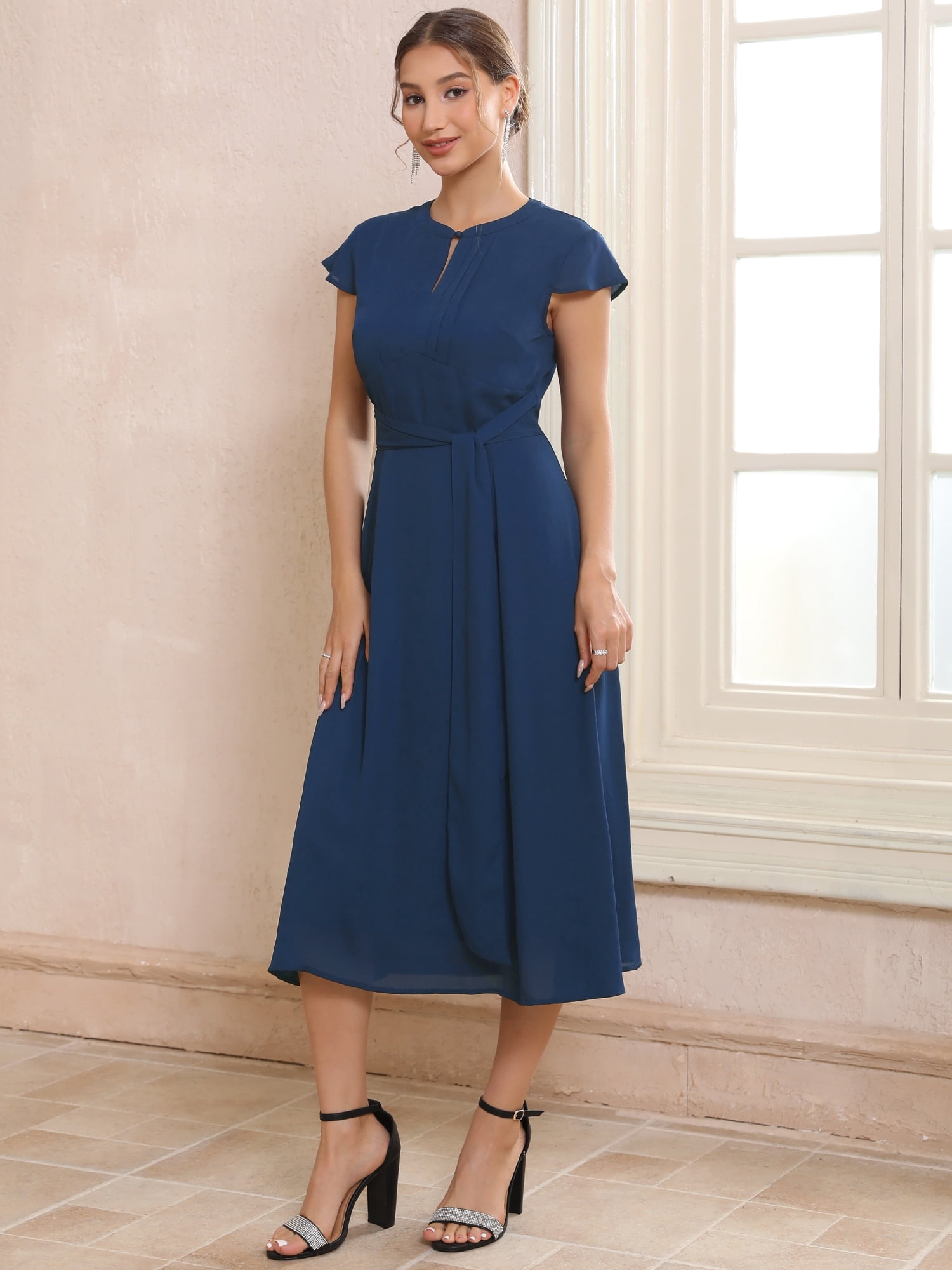 DARING DIVA Women's Elegant Midi Length Cap Sleeve Dress with Tie Waist M Dark Blue
